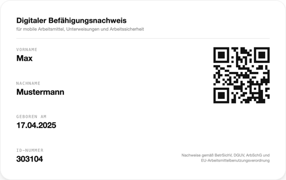 Bedienerausweis Rückseite – QR-Code Verifikation