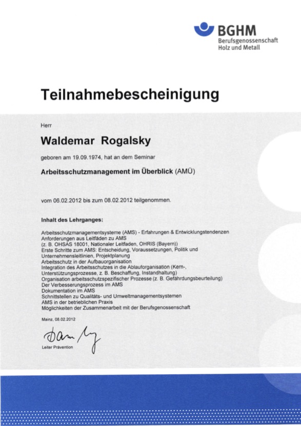 Bescheinigung Arbeitsschutzmanagement im Überblick (AMÜ)
