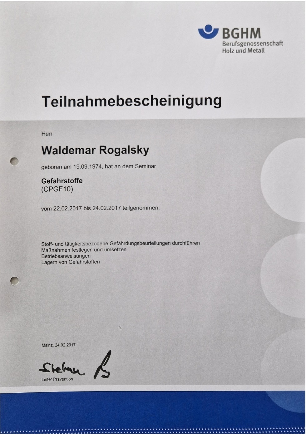 Bescheinigung Gefahrstoffe (CPGF 10)
