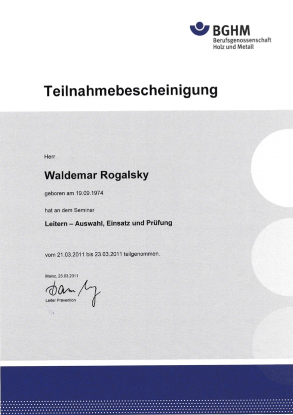 Bescheinigung Leitern: Auswahl, Einsatz und Prüfung