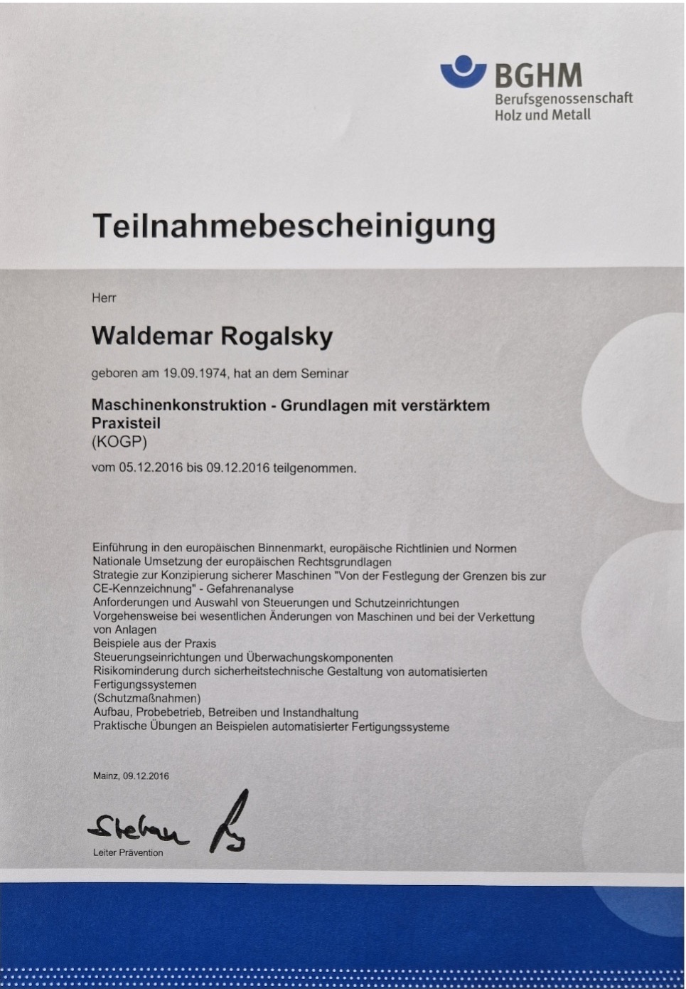 Bescheinigung Maschinenkonstruktion - Grundlagen mit Praxisteil (KOGP)