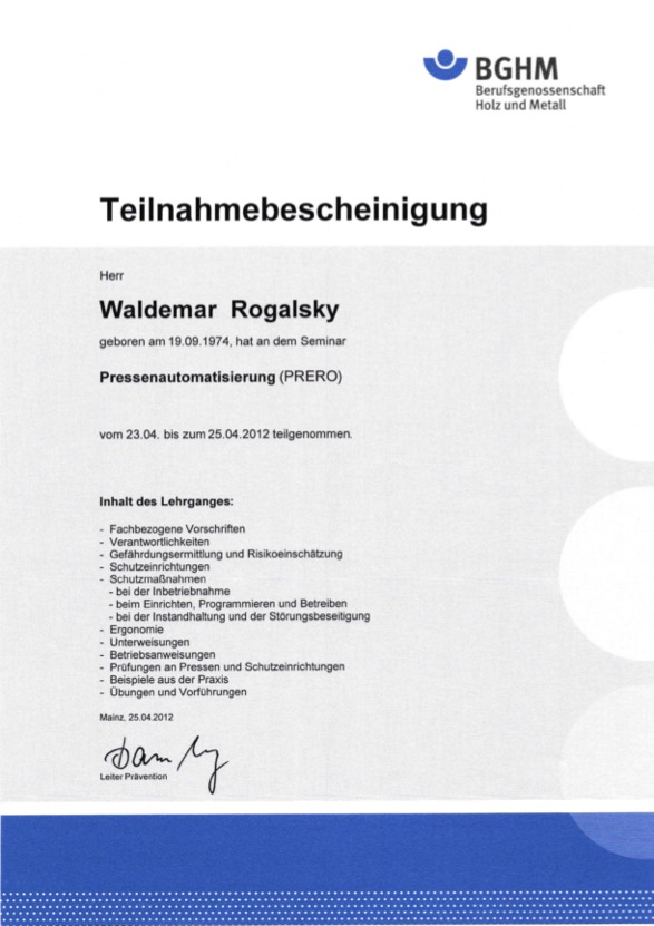 Bescheinigung Pressenautomatisierung (PRERO)