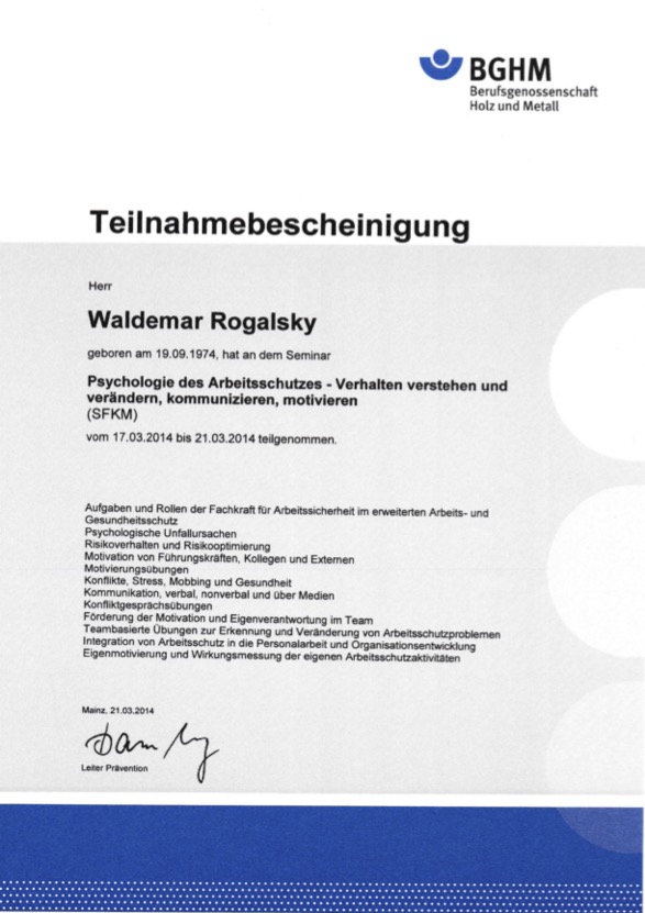 Bescheinigung Psychologie des Arbeitsschutzes (SFKM)