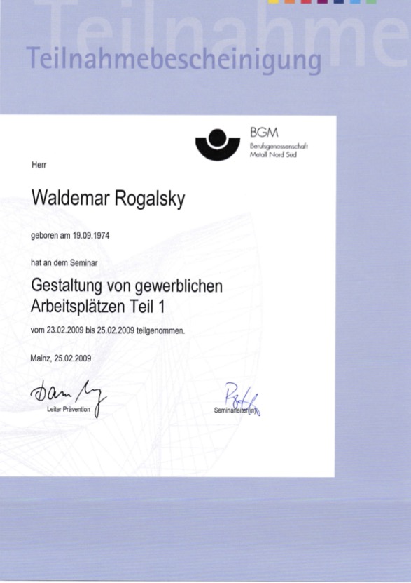Bescheinigung Gestaltung gewerblicher Arbeitsplätze Teil 1
