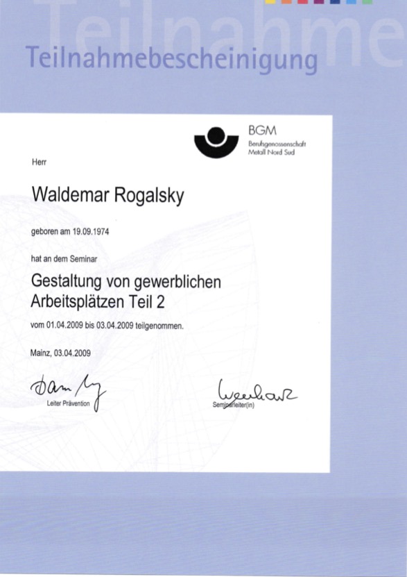 Bescheinigung Gestaltung gewerblicher Arbeitsplätze Teil 2