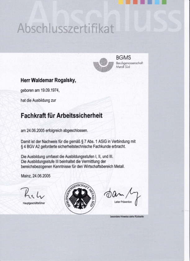 Zertifikat Fachkraft für Arbeitssicherheit