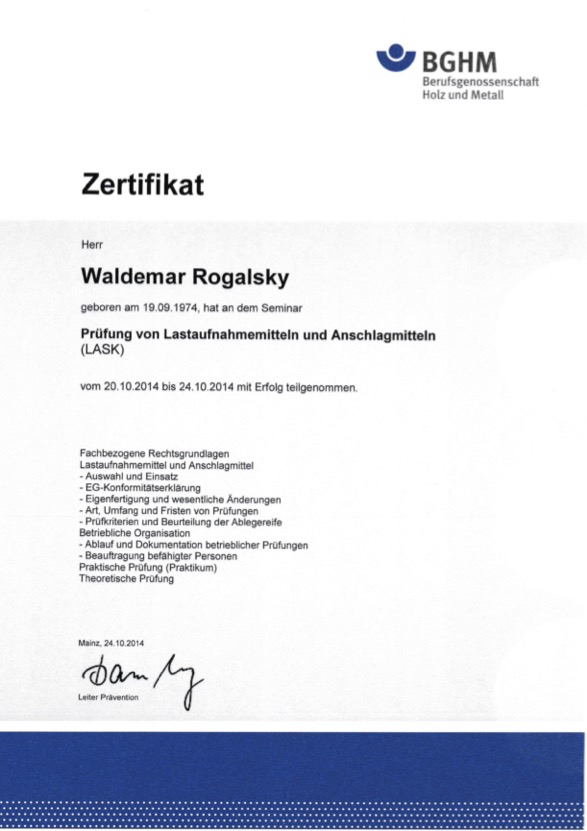 Zertifikat Prüfung von Lastaufnahmemitteln und Anschlagmitteln (LASK)