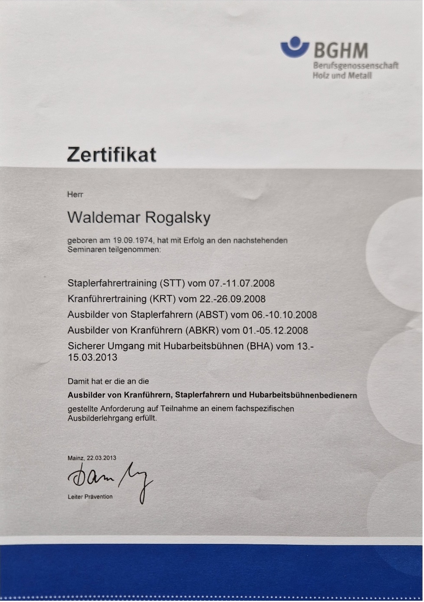Zertifikat Trainings zu STT, KRT, ABST, ABKR, BHA