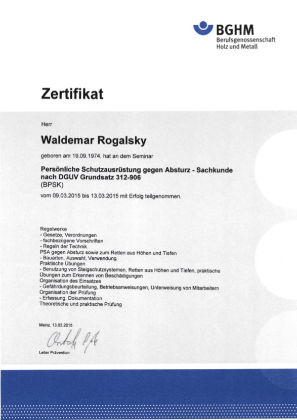 Zertifikat Persönliche Schutzausrüstung gegen Absturz (BPSK)
